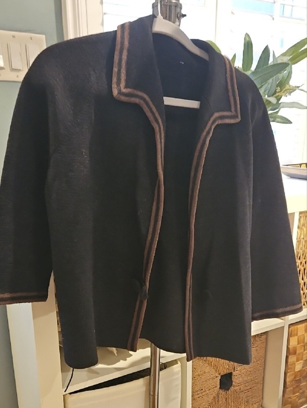 Vintage Knit (Wool?) Sweater Jacket Black with Brown Trim0036